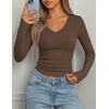 image:imagePRETTYGARDEN Womens Long Sleeve Ribbed V Neck Knit Shirts  Soft Ribbed Knit Fabric Flattering Fitted Silhouette Lightweight Basic Tee Y2K Going Out Top Fall Winter Layering OutfitsCoffee