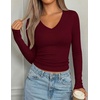 image:imagePRETTYGARDEN Womens Long Sleeve Ribbed V Neck Knit Shirts  Soft Ribbed Knit Fabric Flattering Fitted Silhouette Lightweight Basic Tee Y2K Going Out Top Fall Winter Layering OutfitsWine Red