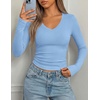 image:imagePRETTYGARDEN Womens Long Sleeve Ribbed V Neck Knit Shirts  Soft Ribbed Knit Fabric Flattering Fitted Silhouette Lightweight Basic Tee Y2K Going Out Top Fall Winter Layering OutfitsLight Blue