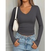 image:imagePRETTYGARDEN Womens Long Sleeve Ribbed V Neck Knit Shirts  Soft Ribbed Knit Fabric Flattering Fitted Silhouette Lightweight Basic Tee Y2K Going Out Top Fall Winter Layering OutfitsDark Grey