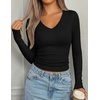image:imagePRETTYGARDEN Womens Long Sleeve Ribbed V Neck Knit Shirts  Soft Ribbed Knit Fabric Flattering Fitted Silhouette Lightweight Basic Tee Y2K Going Out Top Fall Winter Layering OutfitsBlack