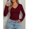 image:imagePRETTYGARDEN Womens Long Sleeve Ribbed V Neck Knit Shirts  Soft Ribbed Knit Fabric Flattering Fitted Silhouette Lightweight Basic Tee Y2K Going Out Top Fall Winter Layering OutfitsWine Red