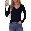 image:imagePRETTYGARDEN Womens Long Sleeve V Neck Fitted Shirts  Going Out Tops Basic Tees Lace Trim Neckline Soft Stretchy Ribbed Knit Y2K Fall Outfits Layering Winter ClothingNavy Blue