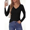 image:imagePRETTYGARDEN Womens Long Sleeve V Neck Fitted Shirts  Going Out Tops Basic Tees Lace Trim Neckline Soft Stretchy Ribbed Knit Y2K Fall Outfits Layering Winter ClothingBlack