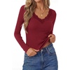 image:imagePRETTYGARDEN Womens Long Sleeve V Neck Fitted Shirts  Going Out Tops Basic Tees Lace Trim Neckline Soft Stretchy Ribbed Knit Y2K Fall Outfits Layering Winter ClothingBurgundy