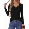 image:imagePRETTYGARDEN Womens Long Sleeve V Neck Fitted Shirts  Going Out Tops Basic Tees Lace Trim Neckline Soft Stretchy Ribbed Knit Y2K Fall Outfits Layering Winter ClothingBlack