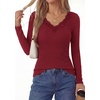 image:imagePRETTYGARDEN Womens Long Sleeve V Neck Fitted Shirts  Going Out Tops Basic Tees Lace Trim Neckline Soft Stretchy Ribbed Knit Y2K Fall Outfits Layering Winter ClothingBurgundy