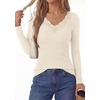 image:imagePRETTYGARDEN Womens Long Sleeve V Neck Fitted Shirts  Going Out Tops Basic Tees Lace Trim Neckline Soft Stretchy Ribbed Knit Y2K Fall Outfits Layering Winter ClothingBeige