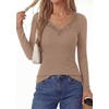 image:imagePRETTYGARDEN Womens Long Sleeve V Neck Fitted Shirts  Going Out Tops Basic Tees Lace Trim Neckline Soft Stretchy Ribbed Knit Y2K Fall Outfits Layering Winter ClothingKhaki