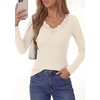 image:imagePRETTYGARDEN Womens Long Sleeve V Neck Fitted Shirts  Going Out Tops Basic Tees Lace Trim Neckline Soft Stretchy Ribbed Knit Y2K Fall Outfits Layering Winter ClothingBeige