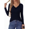 image:imagePRETTYGARDEN Womens Long Sleeve V Neck Fitted Shirts  Going Out Tops Basic Tees Lace Trim Neckline Soft Stretchy Ribbed Knit Y2K Fall Outfits Layering Winter ClothingNavy Blue