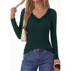 image:imagePRETTYGARDEN Womens Long Sleeve V Neck Fitted Shirts  Going Out Tops Basic Tees Lace Trim Neckline Soft Stretchy Ribbed Knit Y2K Fall Outfits Layering Winter ClothingDark Green