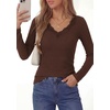 image:imagePRETTYGARDEN Womens Long Sleeve V Neck Fitted Shirts  Going Out Tops Basic Tees Lace Trim Neckline Soft Stretchy Ribbed Knit Y2K Fall Outfits Layering Winter ClothingBrown