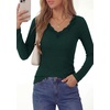 image:imagePRETTYGARDEN Womens Long Sleeve V Neck Fitted Shirts  Going Out Tops Basic Tees Lace Trim Neckline Soft Stretchy Ribbed Knit Y2K Fall Outfits Layering Winter ClothingDark Green