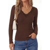 image:imagePRETTYGARDEN Womens Long Sleeve V Neck Fitted Shirts  Going Out Tops Basic Tees Lace Trim Neckline Soft Stretchy Ribbed Knit Y2K Fall Outfits Layering Winter ClothingBrown