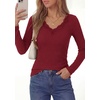 image:imagePRETTYGARDEN Womens Long Sleeve V Neck Fitted Shirts  Going Out Tops Basic Tees Lace Trim Neckline Soft Stretchy Ribbed Knit Y2K Fall Outfits Layering Winter ClothingBurgundy