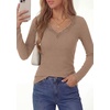 image:imagePRETTYGARDEN Womens Long Sleeve V Neck Fitted Shirts  Going Out Tops Basic Tees Lace Trim Neckline Soft Stretchy Ribbed Knit Y2K Fall Outfits Layering Winter ClothingKhaki