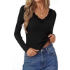 image:imagePRETTYGARDEN Womens Long Sleeve V Neck Fitted Shirts  Going Out Tops Basic Tees Lace Trim Neckline Soft Stretchy Ribbed Knit Y2K Fall Outfits Layering Winter ClothingBlack