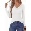image:imagePRETTYGARDEN Womens Long Sleeve V Neck Fitted Shirts  Going Out Tops Basic Tees Lace Trim Neckline Soft Stretchy Ribbed Knit Y2K Fall Outfits Layering Winter ClothingWhite