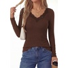 image:imagePRETTYGARDEN Womens Long Sleeve V Neck Fitted Shirts  Going Out Tops Basic Tees Lace Trim Neckline Soft Stretchy Ribbed Knit Y2K Fall Outfits Layering Winter ClothingBrown