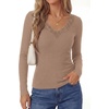 image:imagePRETTYGARDEN Womens Long Sleeve V Neck Fitted Shirts  Going Out Tops Basic Tees Lace Trim Neckline Soft Stretchy Ribbed Knit Y2K Fall Outfits Layering Winter ClothingKhaki