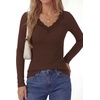 image:imagePRETTYGARDEN Womens Long Sleeve V Neck Fitted Shirts  Going Out Tops Basic Tees Lace Trim Neckline Soft Stretchy Ribbed Knit Y2K Fall Outfits Layering Winter ClothingBrown