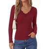 image:imagePRETTYGARDEN Womens Long Sleeve V Neck Fitted Shirts  Going Out Tops Basic Tees Lace Trim Neckline Soft Stretchy Ribbed Knit Y2K Fall Outfits Layering Winter ClothingBurgundy
