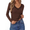image:imagePRETTYGARDEN Womens Long Sleeve V Neck Fitted Shirts  Going Out Tops Basic Tees Lace Trim Neckline Soft Stretchy Ribbed Knit Y2K Fall Outfits Layering Winter ClothingBrown