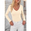 image:imagePRETTYGARDEN Womens V Neck Long Sleeve Bodysuits Tops  Slim Fitted Body Suits Soft Stretchy Basic Tees Shirts Casual Wear Fall Going Out Outfits Winter Layering ClothingBeige