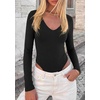image:imagePRETTYGARDEN Womens V Neck Long Sleeve Bodysuits Tops  Slim Fitted Body Suits Soft Stretchy Basic Tees Shirts Casual Wear Fall Going Out Outfits Winter Layering ClothingBlack