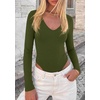 image:imagePRETTYGARDEN Womens V Neck Long Sleeve Bodysuits Tops  Slim Fitted Body Suits Soft Stretchy Basic Tees Shirts Casual Wear Fall Going Out Outfits Winter Layering ClothingArmy Green