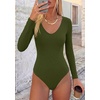 image:imagePRETTYGARDEN Womens V Neck Long Sleeve Bodysuits Tops  Slim Fitted Body Suits Soft Stretchy Basic Tees Shirts Casual Wear Fall Going Out Outfits Winter Layering ClothingArmy Green