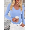 image:imagePRETTYGARDEN Womens V Neck Long Sleeve Bodysuits Tops  Slim Fitted Body Suits Soft Stretchy Basic Tees Shirts Casual Wear Fall Going Out Outfits Winter Layering ClothingLight Blue
