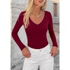 image:imagePRETTYGARDEN Womens V Neck Long Sleeve Bodysuits Tops  Slim Fitted Body Suits Soft Stretchy Basic Tees Shirts Casual Wear Fall Going Out Outfits Winter Layering ClothingBurgundy