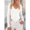 image:imagePRETTYGARDEN Womens V Neck Long Sleeve Bodysuits Tops  Slim Fitted Body Suits Soft Stretchy Basic Tees Shirts Casual Wear Fall Going Out Outfits Winter Layering ClothingWhite