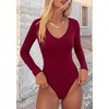 image:imagePRETTYGARDEN Womens V Neck Long Sleeve Bodysuits Tops  Slim Fitted Body Suits Soft Stretchy Basic Tees Shirts Casual Wear Fall Going Out Outfits Winter Layering ClothingBurgundy