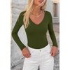 image:imagePRETTYGARDEN Womens V Neck Long Sleeve Bodysuits Tops  Slim Fitted Body Suits Soft Stretchy Basic Tees Shirts Casual Wear Fall Going Out Outfits Winter Layering ClothingArmy Green