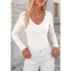 image:imagePRETTYGARDEN Womens V Neck Long Sleeve Bodysuits Tops  Slim Fitted Body Suits Soft Stretchy Basic Tees Shirts Casual Wear Fall Going Out Outfits Winter Layering ClothingWhite