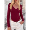 image:imagePRETTYGARDEN Womens V Neck Long Sleeve Bodysuits Tops  Slim Fitted Body Suits Soft Stretchy Basic Tees Shirts Casual Wear Fall Going Out Outfits Winter Layering ClothingBurgundy