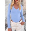 image:imagePRETTYGARDEN Womens V Neck Long Sleeve Bodysuits Tops  Slim Fitted Body Suits Soft Stretchy Basic Tees Shirts Casual Wear Fall Going Out Outfits Winter Layering ClothingLight Blue