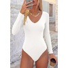 image:imagePRETTYGARDEN Womens V Neck Long Sleeve Bodysuits Tops  Slim Fitted Body Suits Soft Stretchy Basic Tees Shirts Casual Wear Fall Going Out Outfits Winter Layering ClothingWhite