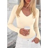 image:imagePRETTYGARDEN Womens V Neck Long Sleeve Bodysuits Tops  Slim Fitted Body Suits Soft Stretchy Basic Tees Shirts Casual Wear Fall Going Out Outfits Winter Layering ClothingBeige