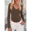 image:imagePRETTYGARDEN Womens V Neck Long Sleeve Bodysuits Tops  Slim Fitted Body Suits Soft Stretchy Basic Tees Shirts Casual Wear Fall Going Out Outfits Winter Layering ClothingBrown