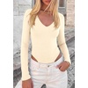 image:imagePRETTYGARDEN Womens V Neck Long Sleeve Bodysuits Tops  Slim Fitted Body Suits Soft Stretchy Basic Tees Shirts Casual Wear Fall Going Out Outfits Winter Layering ClothingBeige