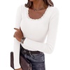 image:imagePRETTYGARDEN Long Sleeve T Shirts for Women Tops Casual  Stretchy Ribbed Knit Lace Trim Square Neck Slim Fit Tees Fall Winter Fashion Layering Clothes for Going Out amp Date NightWhite