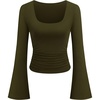 image:imagePRETTYGARDEN Womens Bell Long Sleeve Shirts Going Out Tops  Soft Stretchy Ribbed Knit Square Neck Slim Fit Y2K Clothes Trendy Side Ruched Layering Tee for Casual Fall amp Winter WearArmy Green