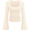 image:imagePRETTYGARDEN Womens Bell Long Sleeve Shirts Going Out Tops  Soft Stretchy Ribbed Knit Square Neck Slim Fit Y2K Clothes Trendy Side Ruched Layering Tee for Casual Fall amp Winter WearBeige