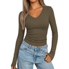 image:imagePRETTYGARDEN Womens Long Sleeve Ribbed V Neck Knit Shirts  Soft Ribbed Knit Fabric Flattering Fitted Silhouette Lightweight Basic Tee Y2K Going Out Top Fall Winter Layering OutfitsArmy Green
