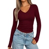 image:imagePRETTYGARDEN Womens Long Sleeve Ribbed V Neck Knit Shirts  Soft Ribbed Knit Fabric Flattering Fitted Silhouette Lightweight Basic Tee Y2K Going Out Top Fall Winter Layering OutfitsWine Red