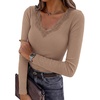 image:imagePRETTYGARDEN Womens Long Sleeve V Neck Fitted Shirts  Going Out Tops Basic Tees Lace Trim Neckline Soft Stretchy Ribbed Knit Y2K Fall Outfits Layering Winter ClothingKhaki